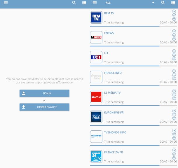 schermate app OttPlayer