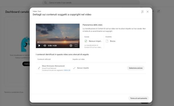 dettaglio controllo copyright su YouTube Studio