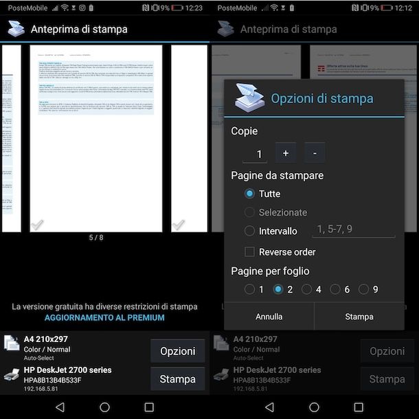 Stampare due pagine per foglio Android