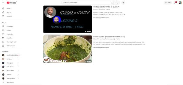 ricerca di canali di cucina su YouTube