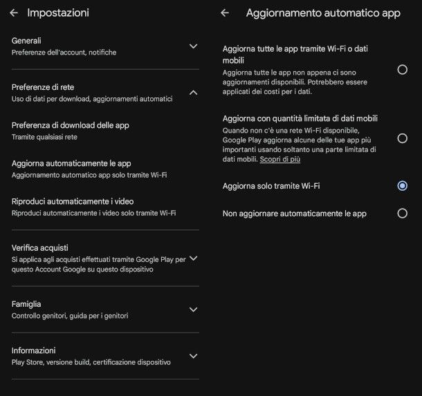 schermate impostazioni per aggiornamenti automatici app Android