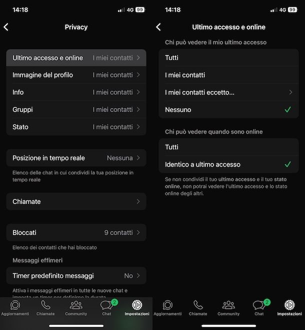 nascondere ultimo accesso
