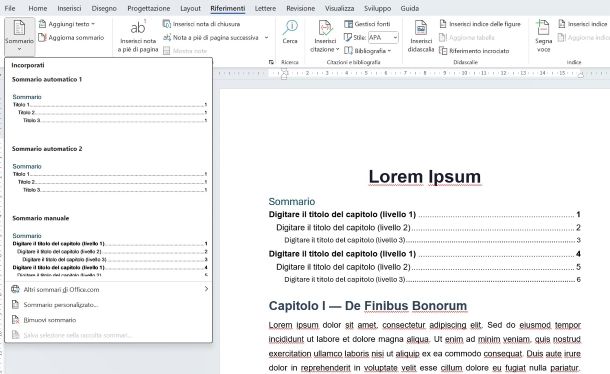 Come fare sommario manuale su Word