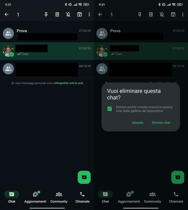 Eliminare chat WhatsApp Android