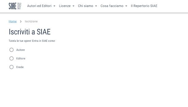 pagina Web iscrizione SIAE
