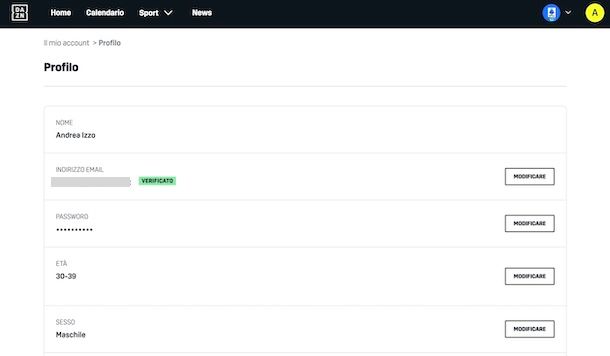 Modificare profilo DAZN