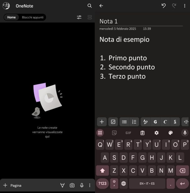 interfaccia app OneNote