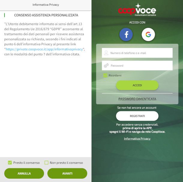 schermate app Coopvoce