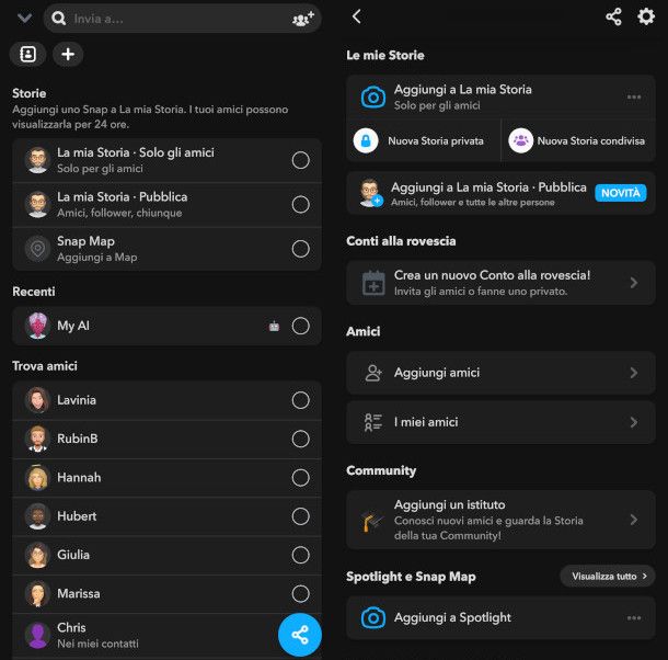 condivisione Storia su app Snapchat