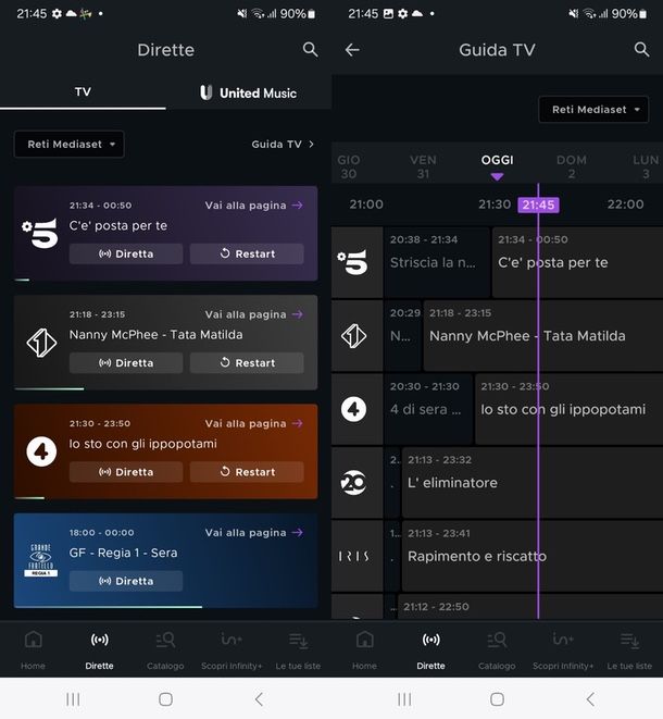 Programmi per questa sera Canale 5 app Mediaset Infinity