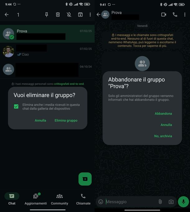 Eliminare abbandonare gruppo WhatsApp Android