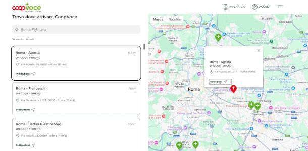 schermata pagina Store Locator sito CoopVoce