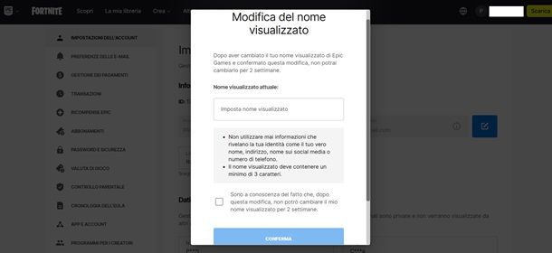 Il procedimento per cambiare nome di Fortnite da PC
