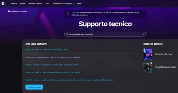 Il supporto tecnico di Epic Games