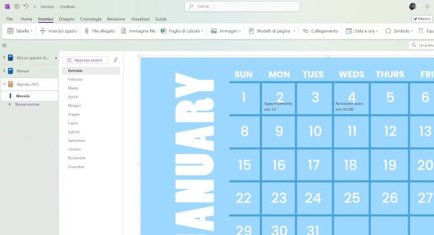 esempio di agenda su OneNote