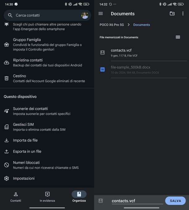 Esportazione file VCF Android