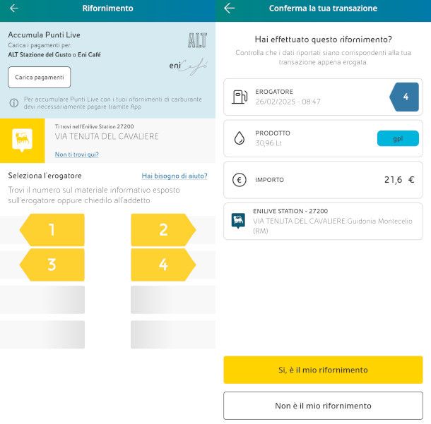 schermate funzione rifornimento app Enilive