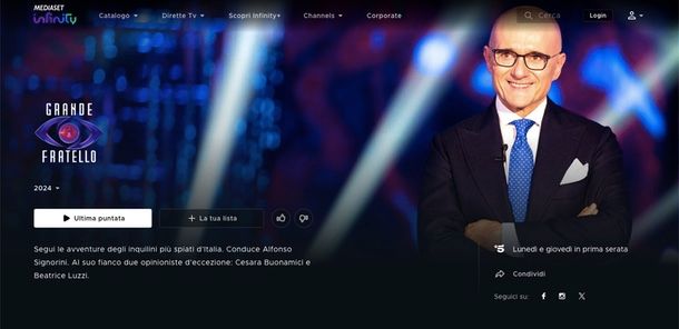 Grande Fratello VIP PC sito Mediaset Infinity