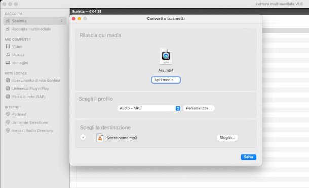 schermata VLC per estrazione audio da video