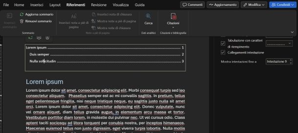 Come aggiornare sommario Word