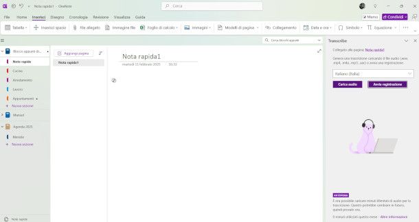 strumento Trascrizione su OneNote Windows