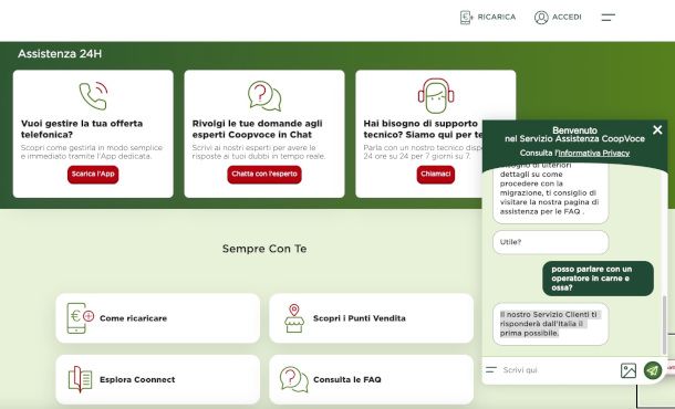 chat CoopVoce dal sito Web