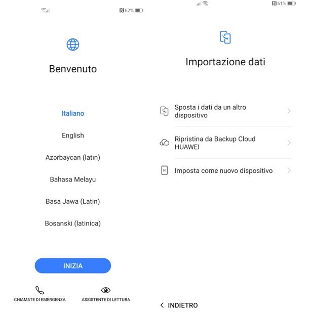 Configurazione iniziale dello smartphone
