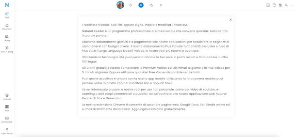 interfaccia Web app Natural Readers