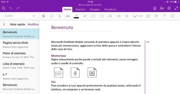 schermata OneNote tablet