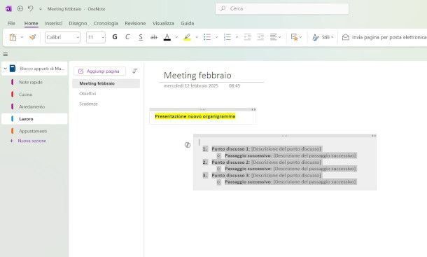 esempio di appunto su OneNote per Windows