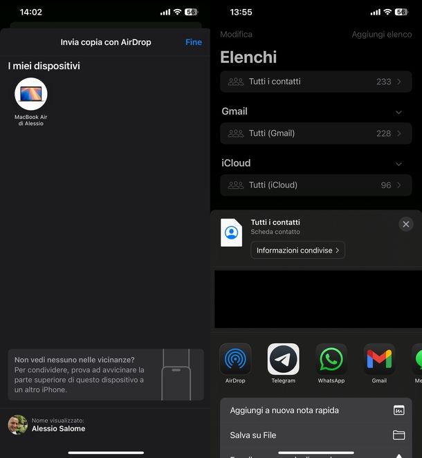 Esportare rubrica iPhone AirDrop