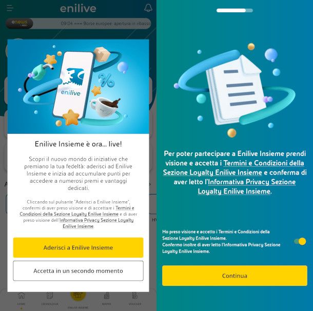 schermate adesione programma fedeltà app Enilive