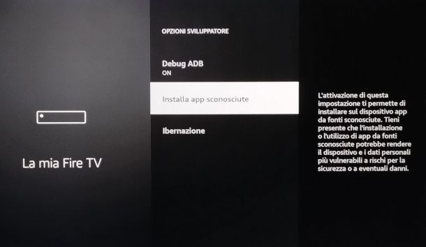 schermata opzioni sviluppatori Fire TV Stick