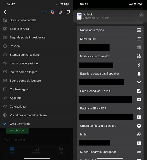 Esportare email Outlook iPhone