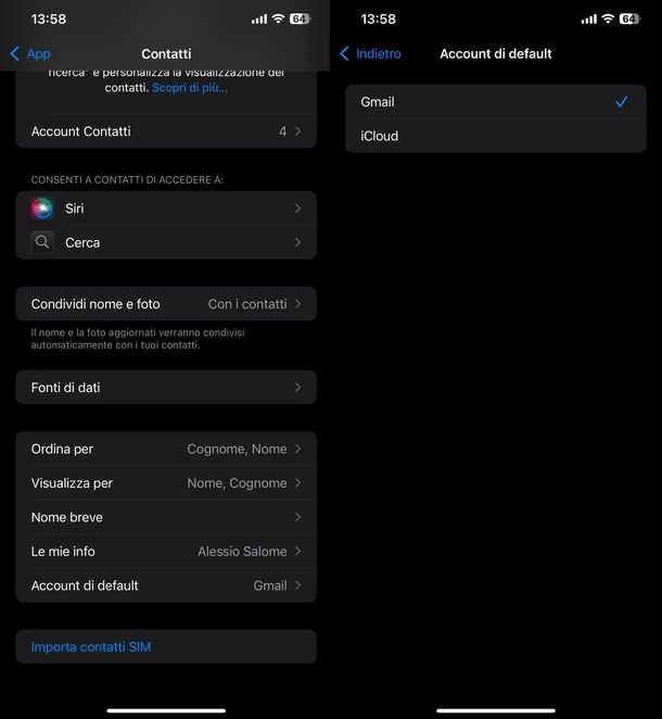 Account di default contatti iPhone