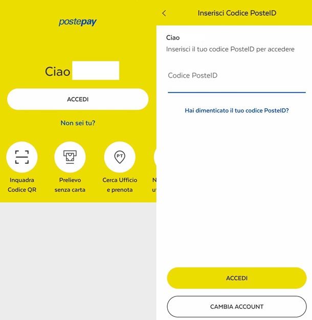 Il procedimento per accedere all'app Postepay