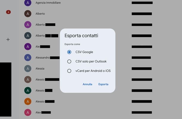 Esportare contatti Google