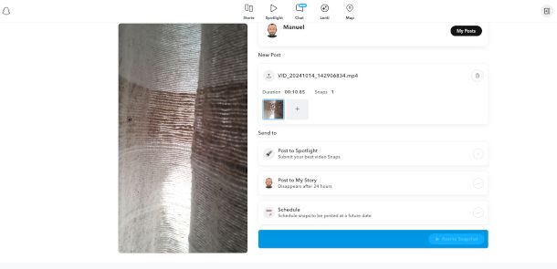 pubblicazione contenuti Snapchat Web
