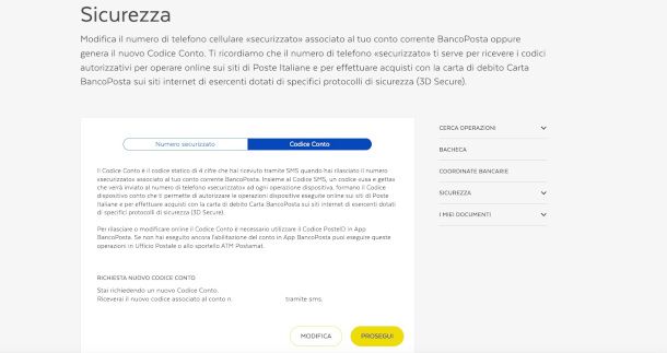 richiesta codice conto Posta online