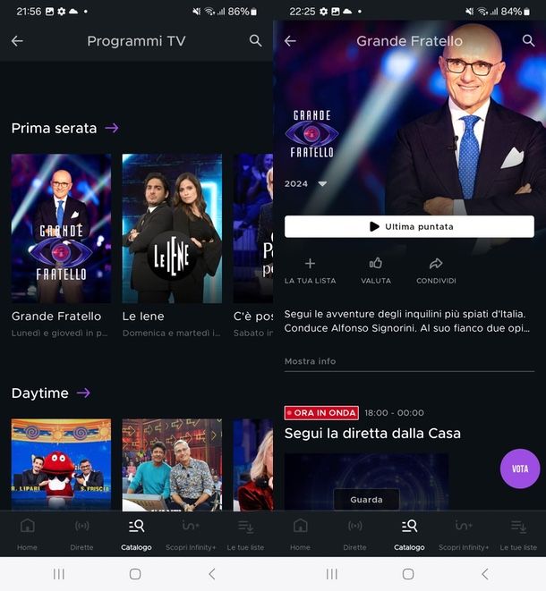 App Mediaset Infinity GF VIP