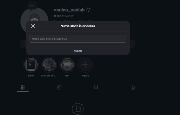 Storie in evidenza Instagram PC