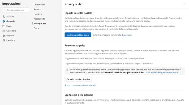 Esportare email Outlook Web