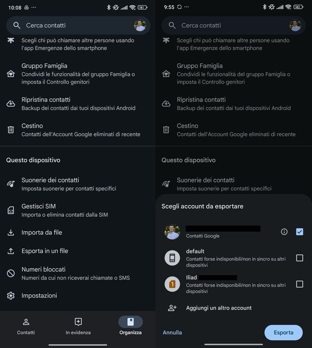 Trasferimento manuale contatti Android