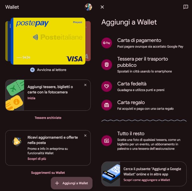 schermate app Wallet Android