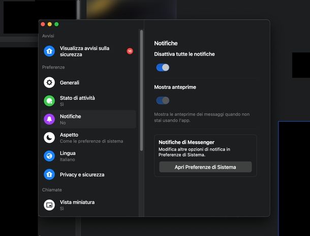 Disattivare chiamate Messenger macOS