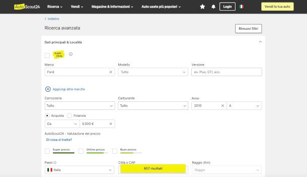 filtri di ricerca sito Autoscout24