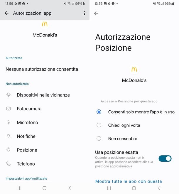 Autorizzare localizzazione app McDonald's