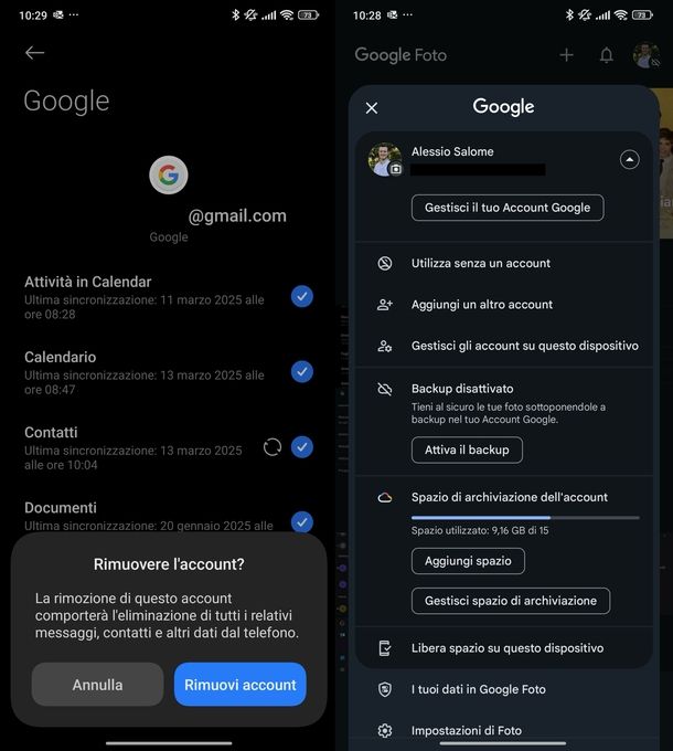 Uscire account Google Foto Android