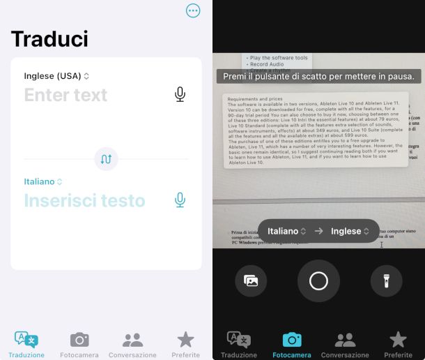 schermate app traduci iPhone
