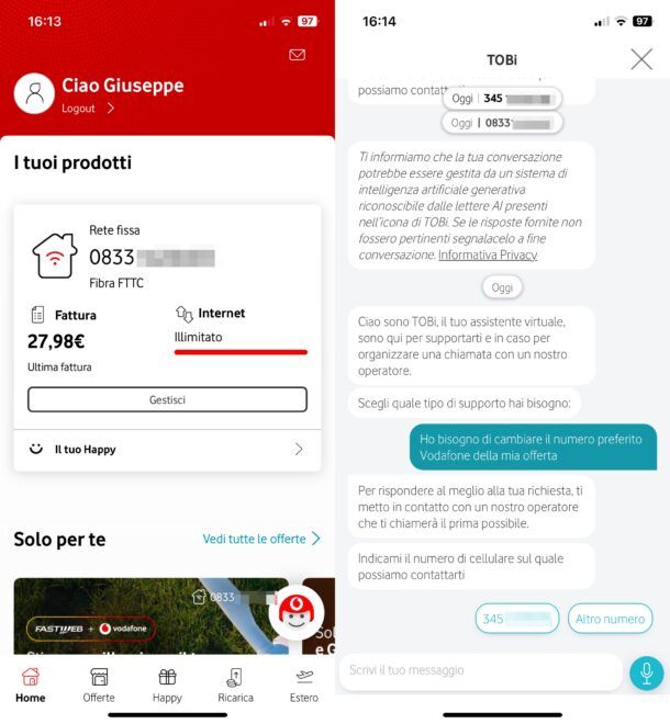 cambiare numero preferito vodafone